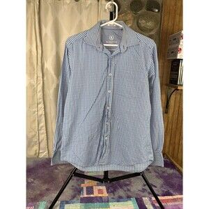 Bugatchi Shirt Mens Medium Blue Plaid Shaped Fit Flip Cuff Embroidered